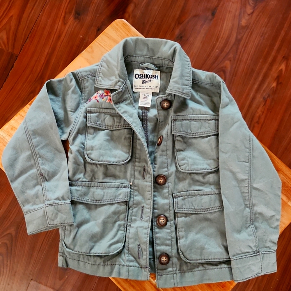 Oshkosh Bgosh 2T Army green jacket with embroidered flowers jacket